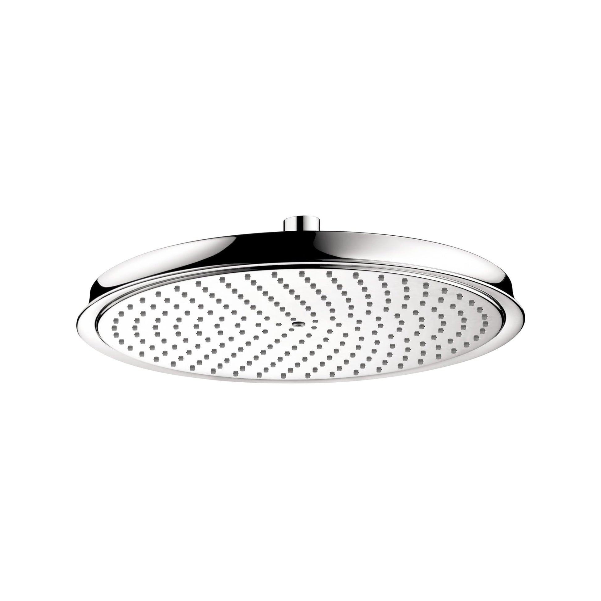 Chrome round shower head with perforated spray face and central connector against white background.