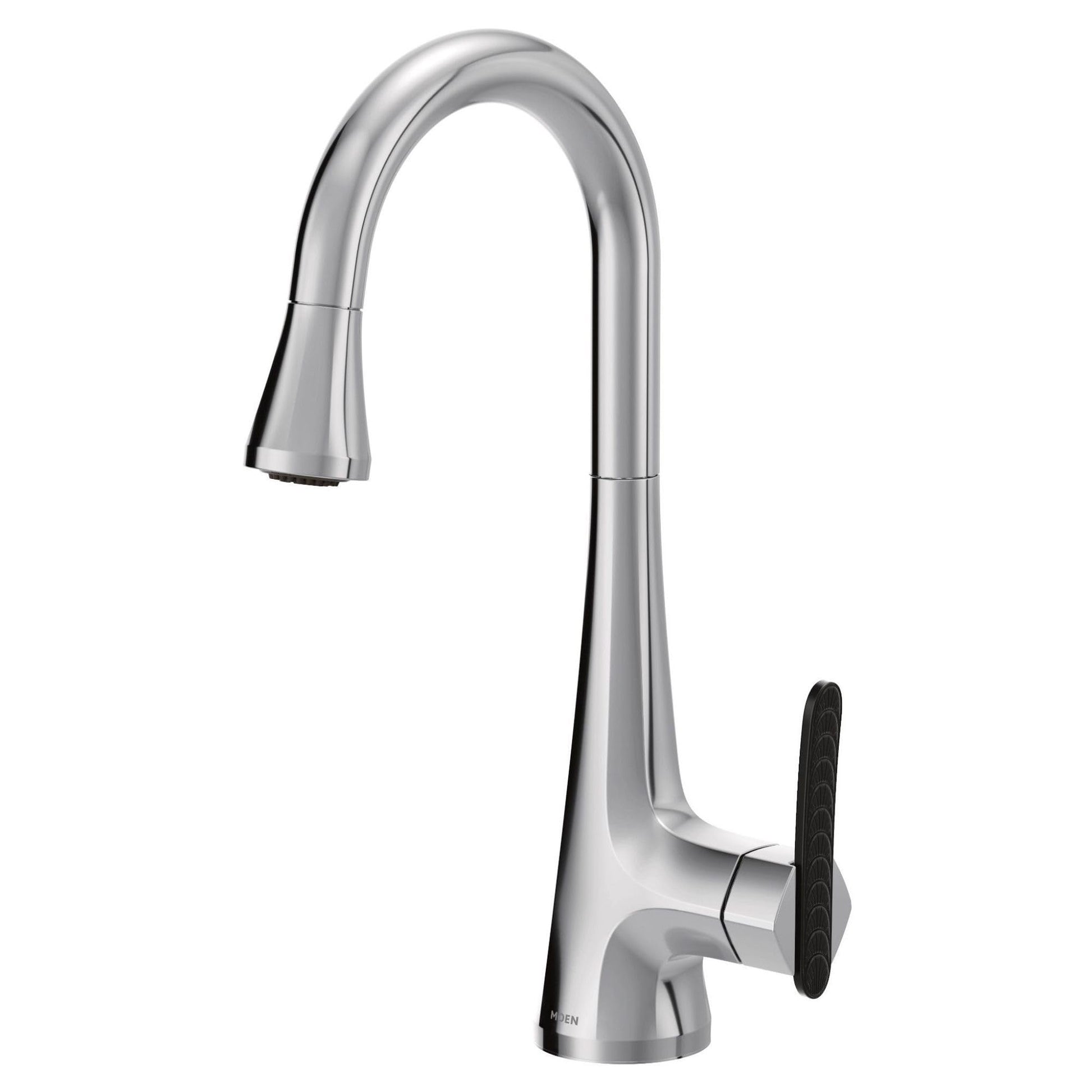 Chrome bar faucet with high arc spout, pulldown spray head, and single black handle.