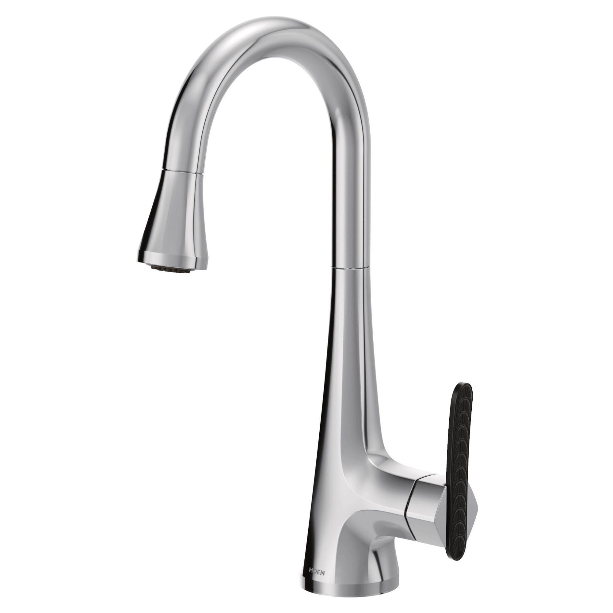 Chrome bar faucet with high arc spout, pulldown spray head, and single black handle.