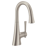 Stainless steel kitchen faucet with curved spout, single handle, and retractable pulldown spray head.