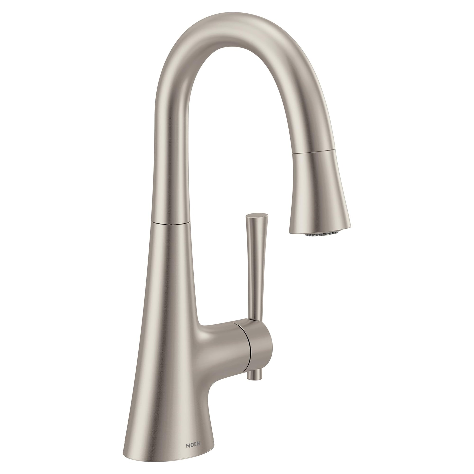 Stainless steel kitchen faucet with curved spout, single handle, and retractable pulldown spray head.