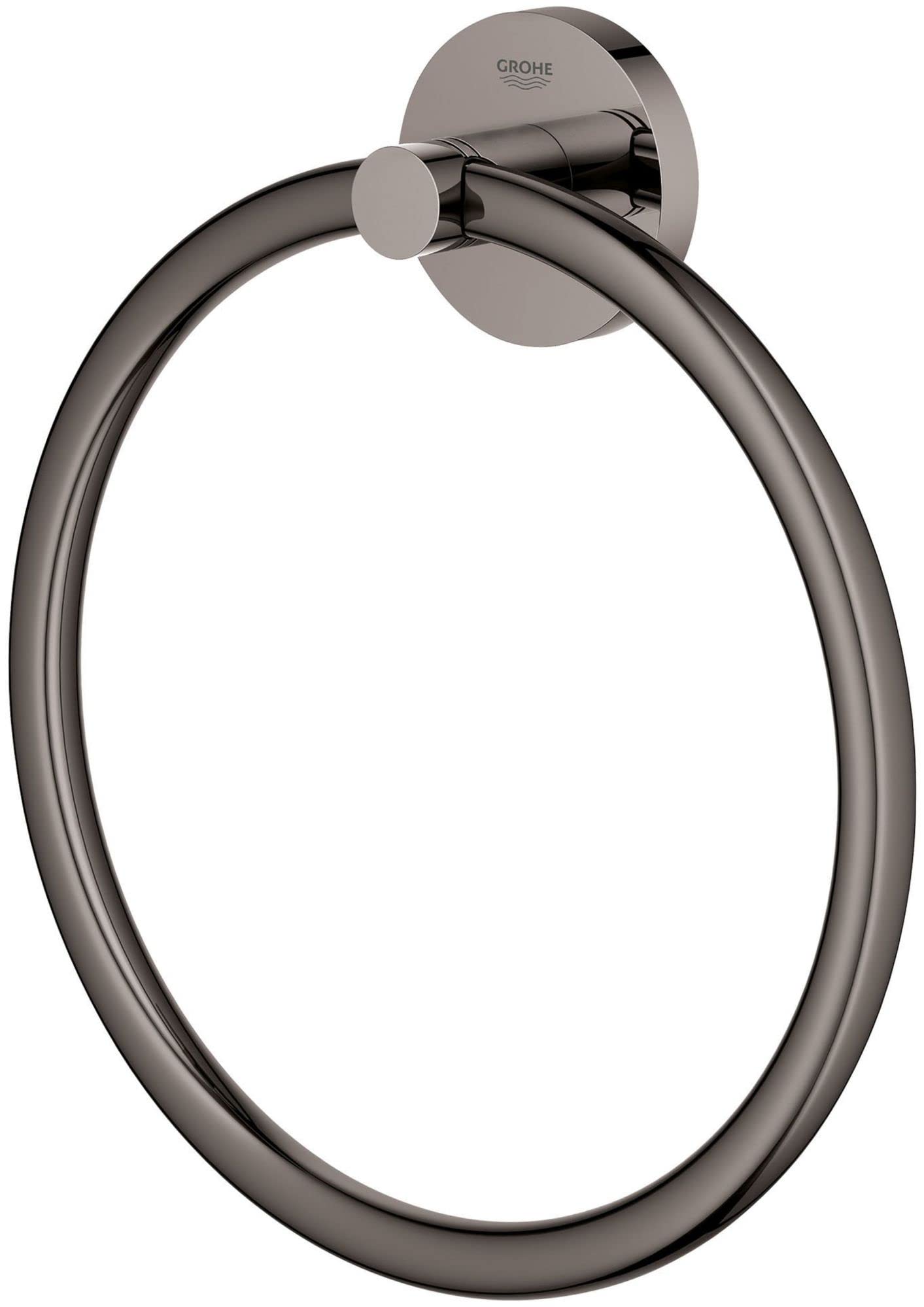 Matte black circular towel ring with round wall-mounted backplate and Grohe branding.
