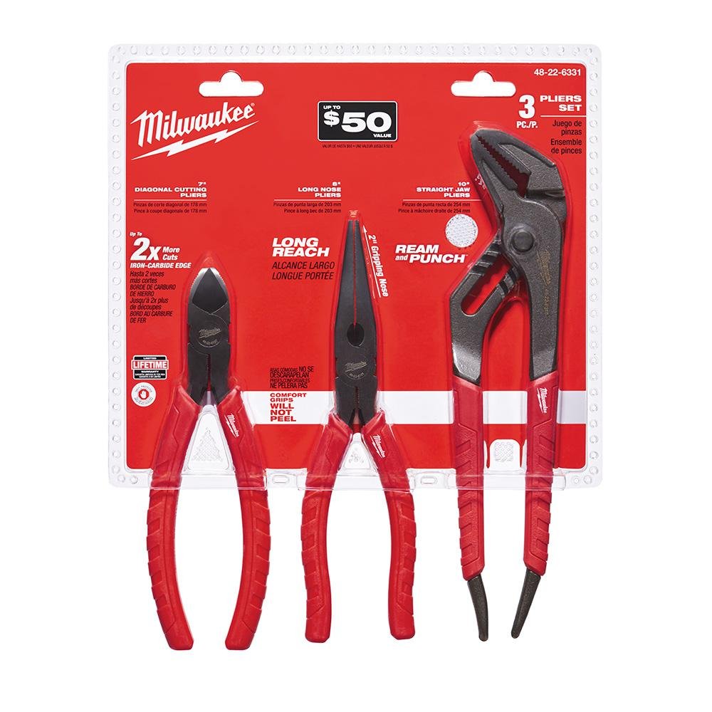 Three Milwaukee pliers with red handles: diagonal cutting pliers, long nose pliers, and curved jaw pliers on retail packaging