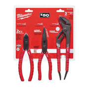 Three Milwaukee pliers with red handles: diagonal cutting pliers, long nose pliers, and curved jaw pliers on retail packaging