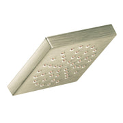 Brushed nickel square showerhead with multiple spray holes arranged across the face and angled mounting bracket.