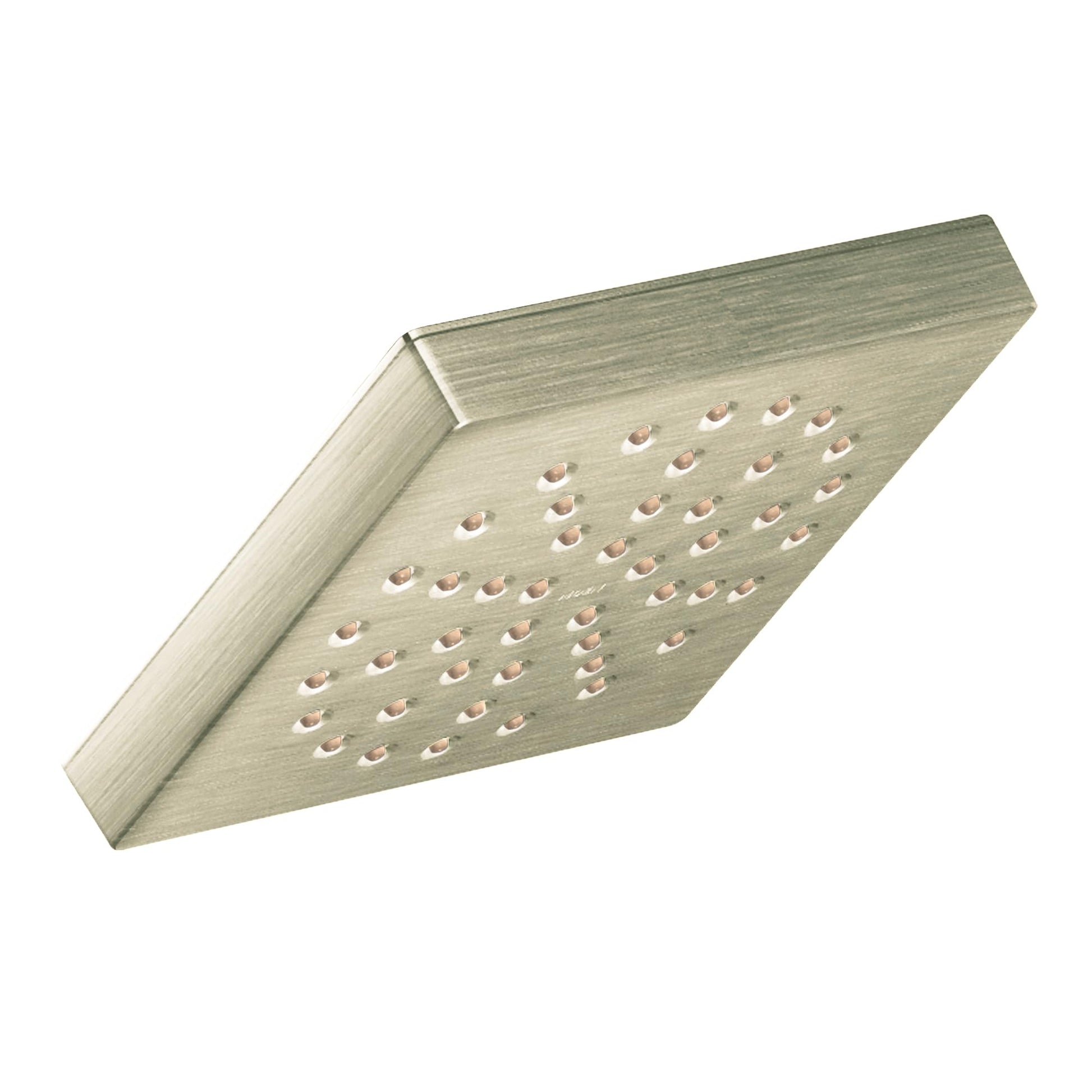 Brushed nickel square showerhead with multiple spray holes arranged across the face and angled mounting bracket.