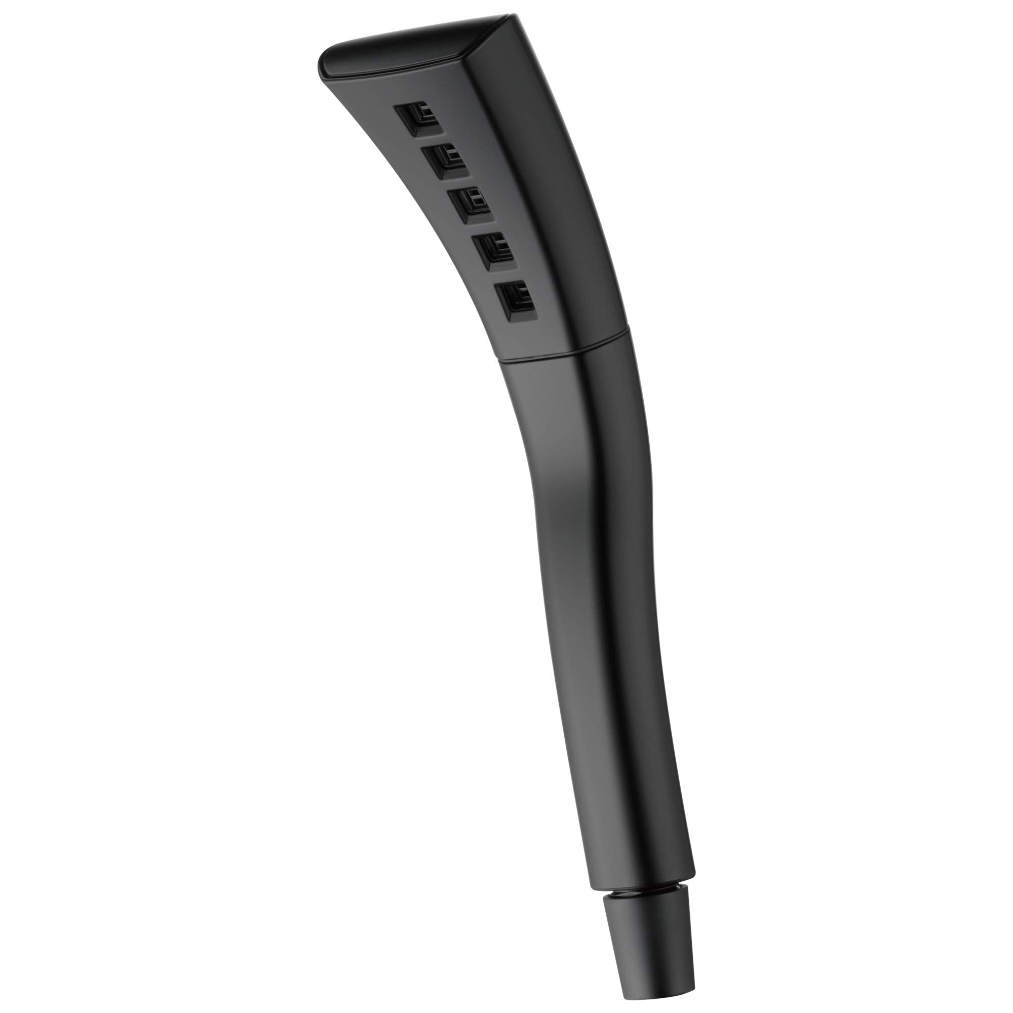Black hand shower head with rectangular nozzle face featuring five water jet ports arranged vertically.