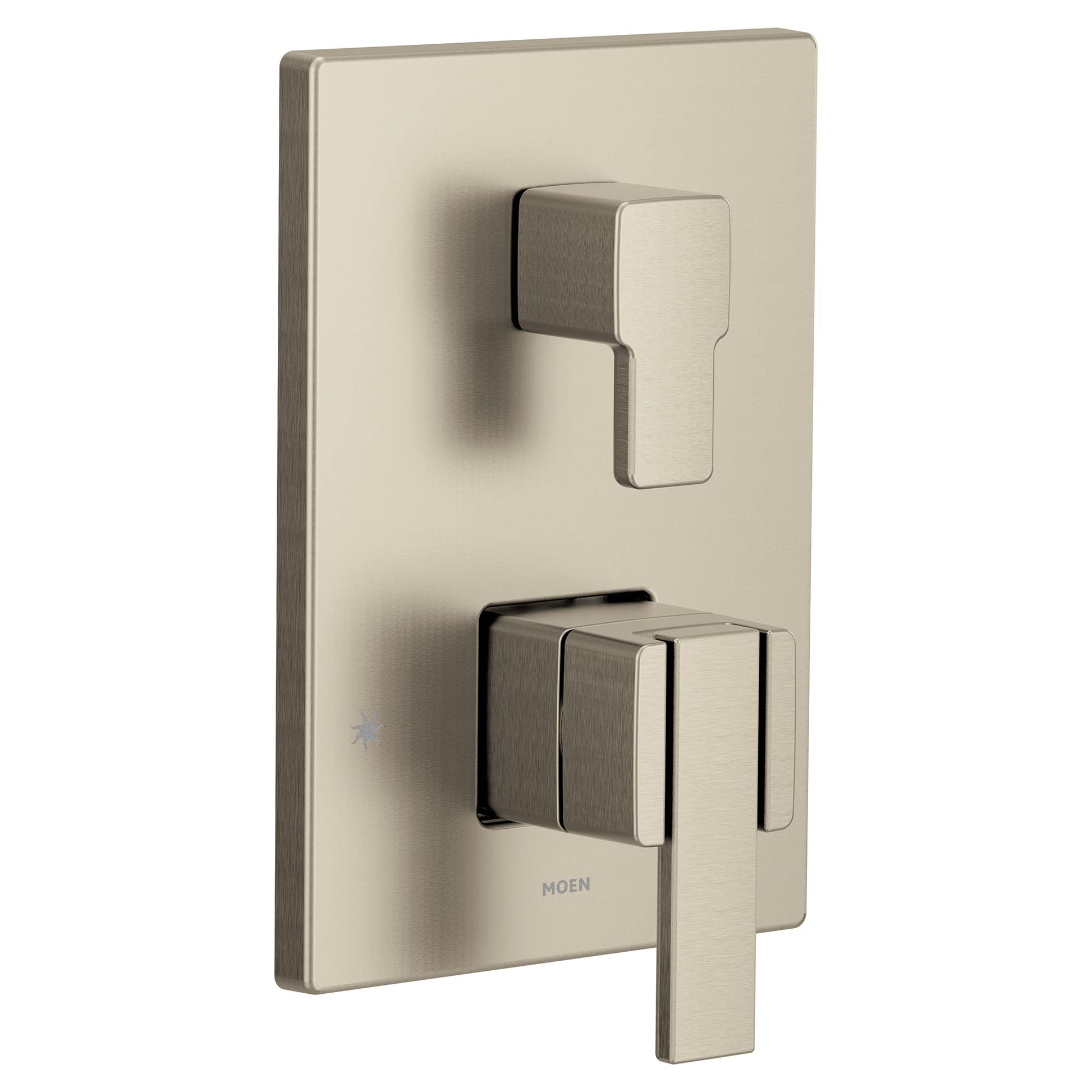 Brushed nickel shower trim with two rectangular handles mounted on a rectangular backplate.