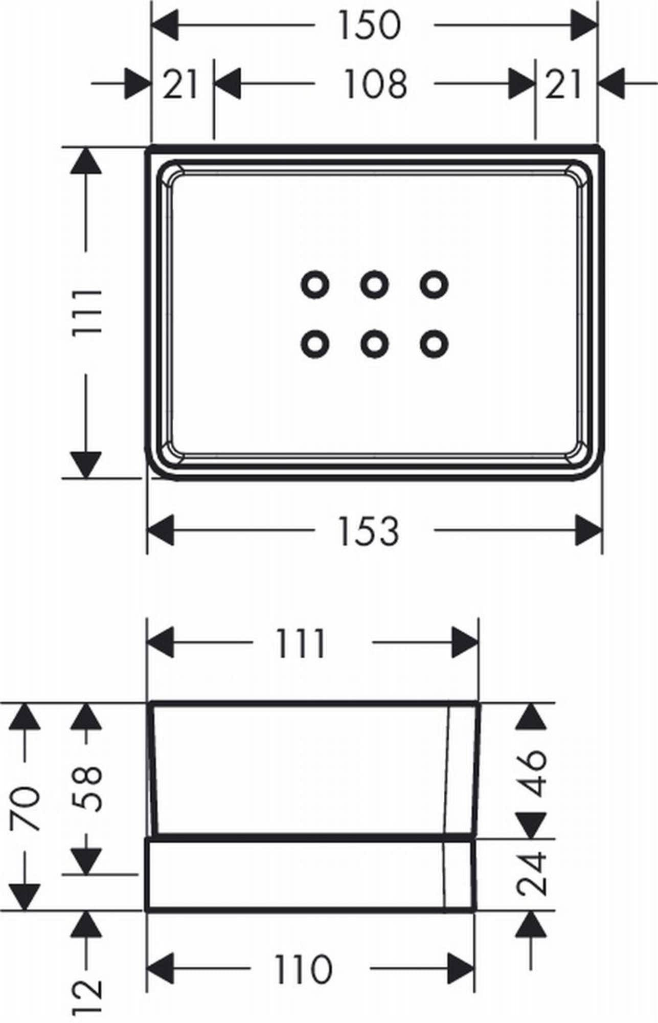 Chrome shower basket with rounded rectangular perforated top and three interior shelves, shown with dimensions.