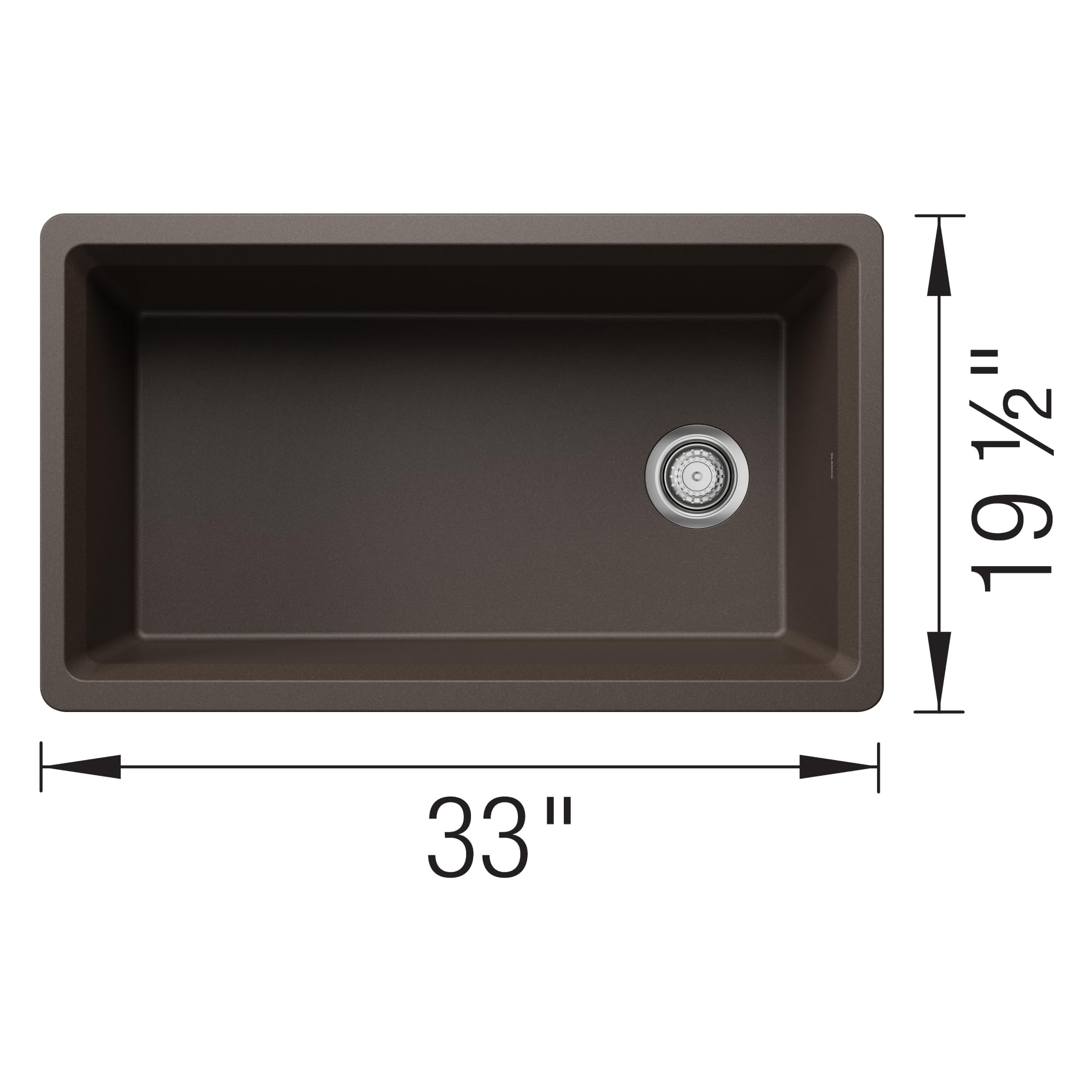 Brown granite composite single-bowl kitchen sink with drain, 33 inches wide by 19.5 inches deep.