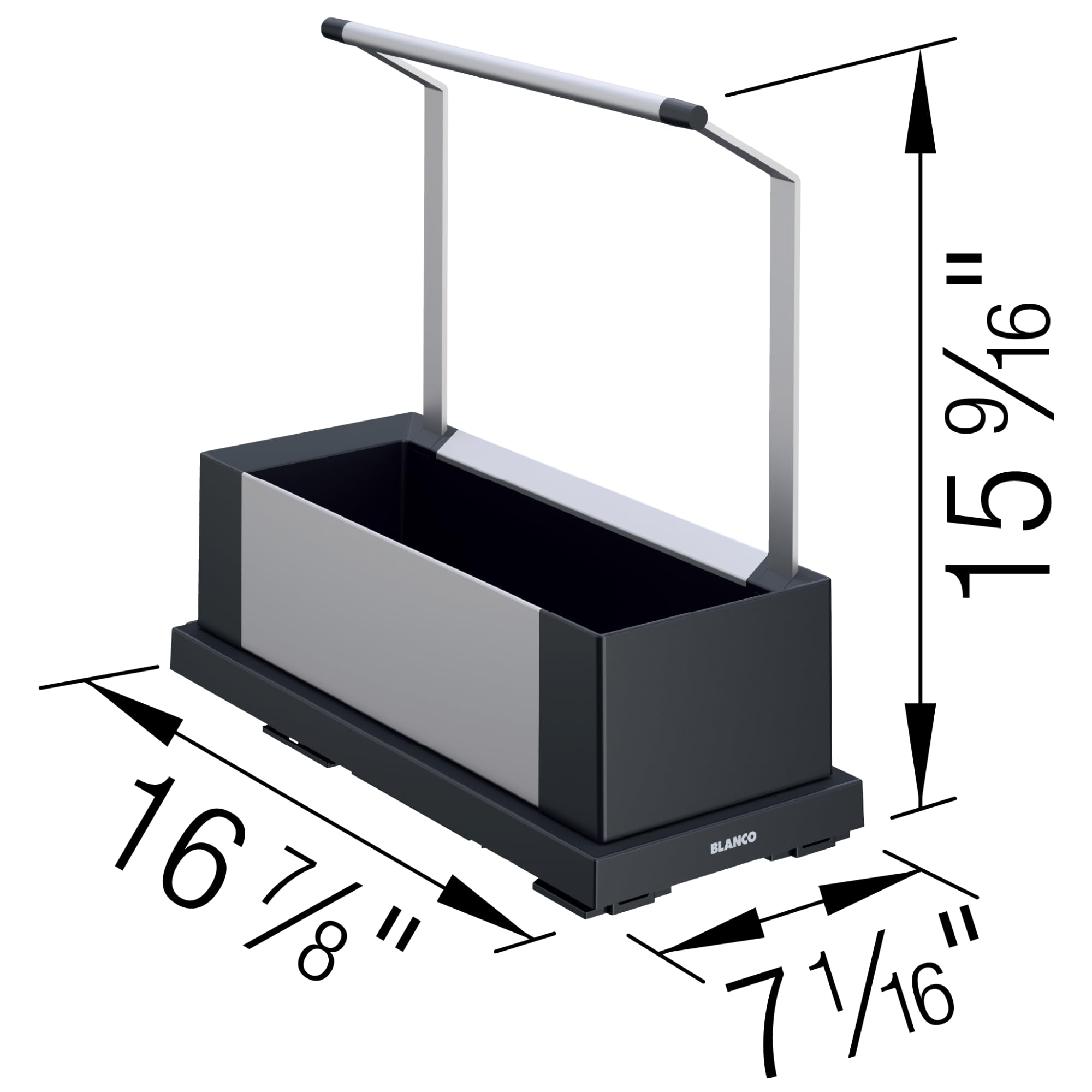 Black and gray rectangular storage caddy with metal frame and black interior basin, shown with dimensions.