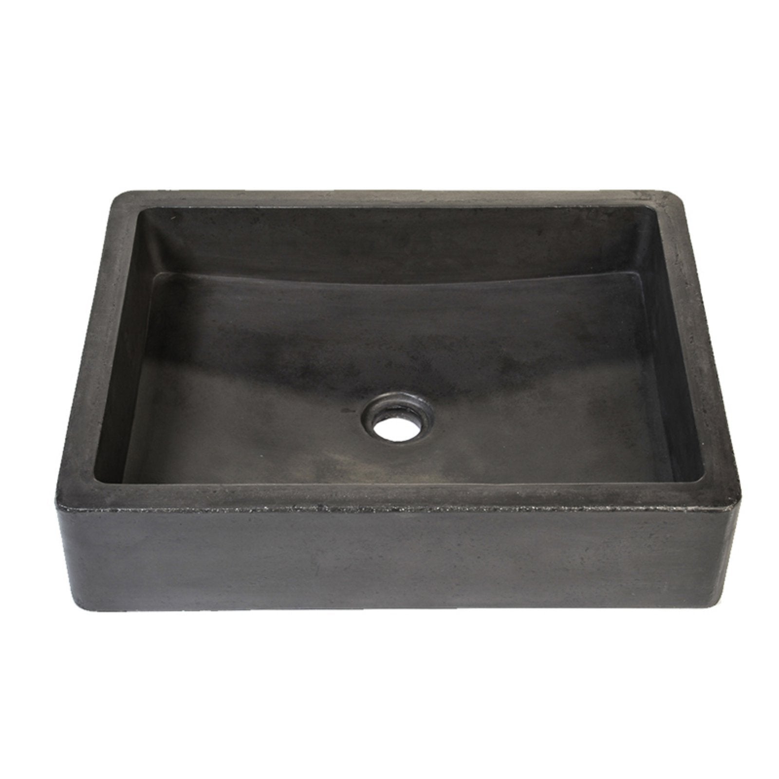 Slate-colored rectangular bathroom sink with single drain hole and curved interior basin.