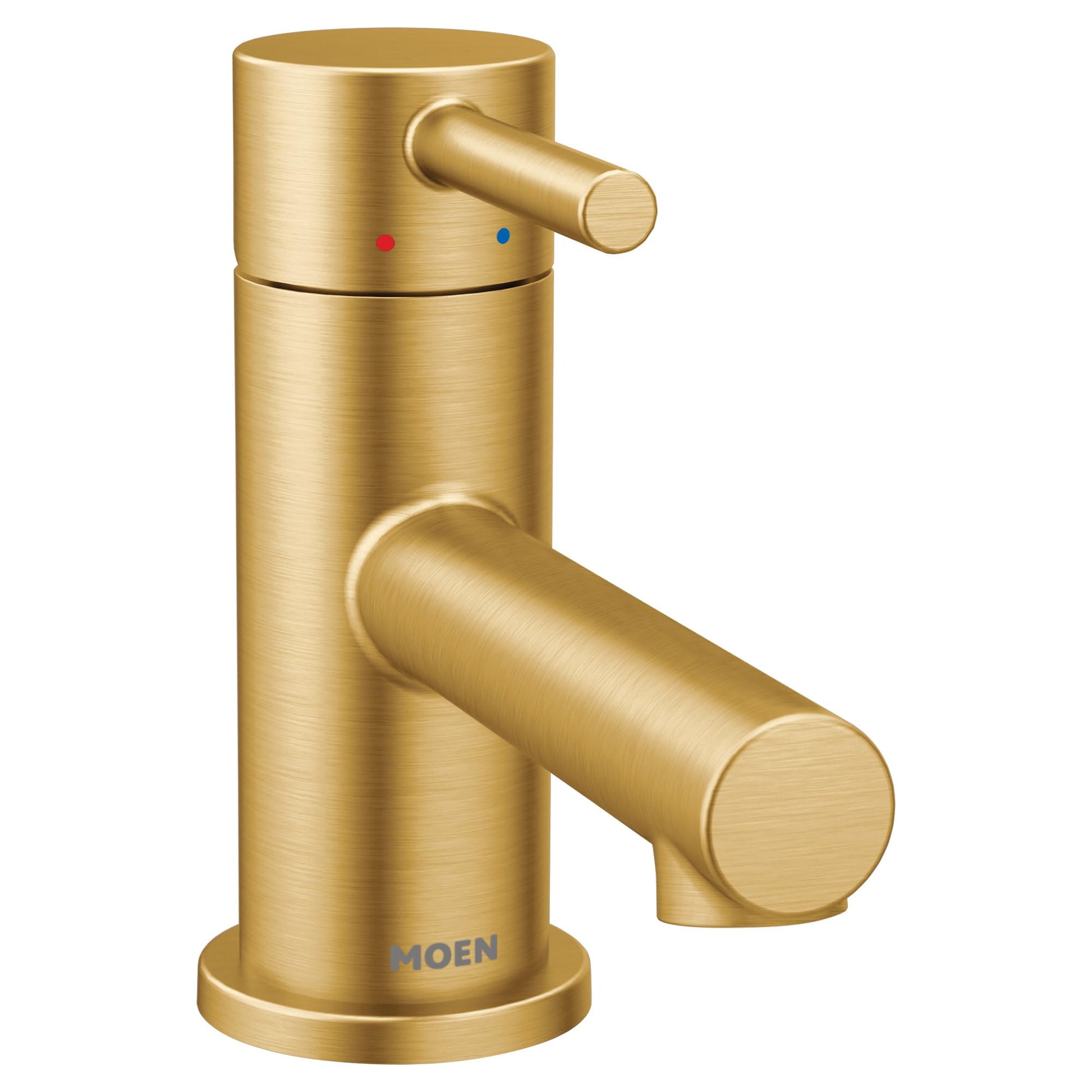 Brushed gold single-handle bathroom faucet with cylindrical body, side spout, and temperature indicator dots.