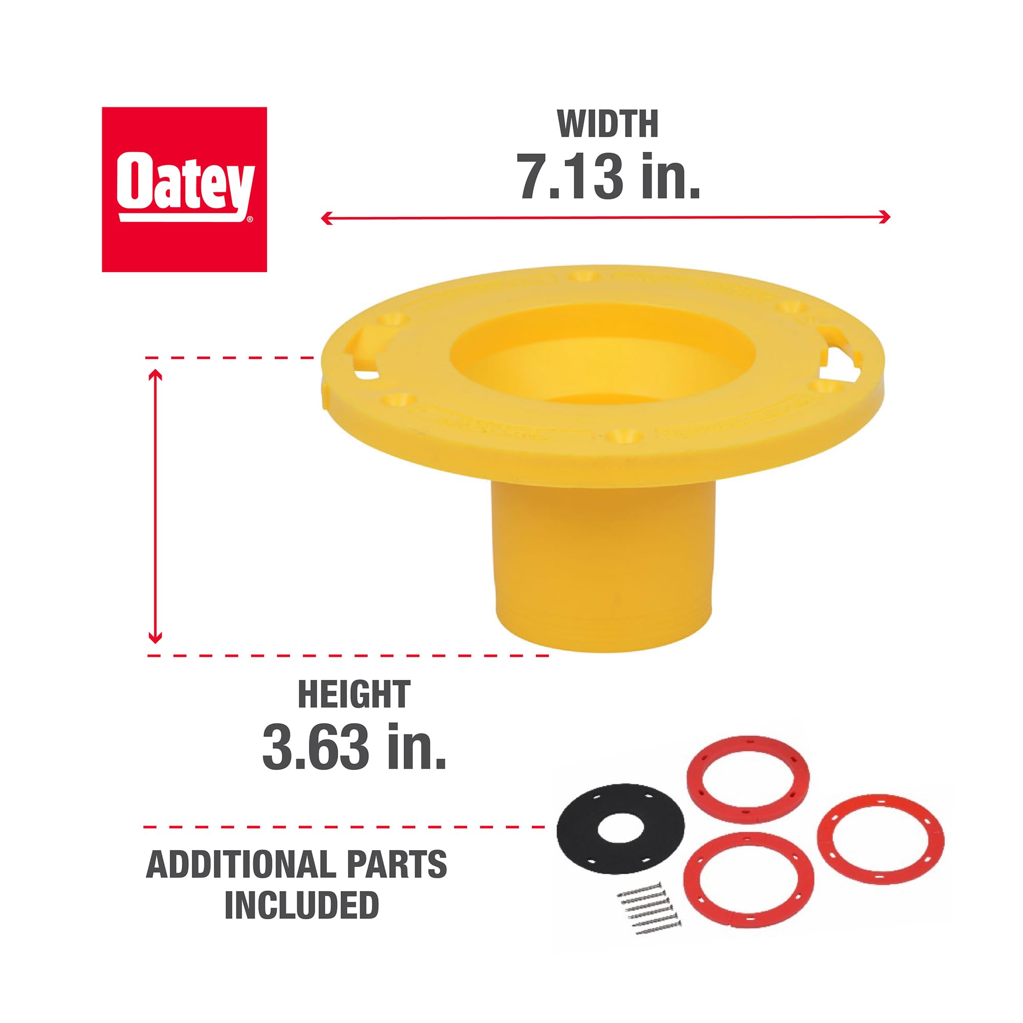 Yellow plastic toilet flange extender with mounting ring and red rubber gaskets included.