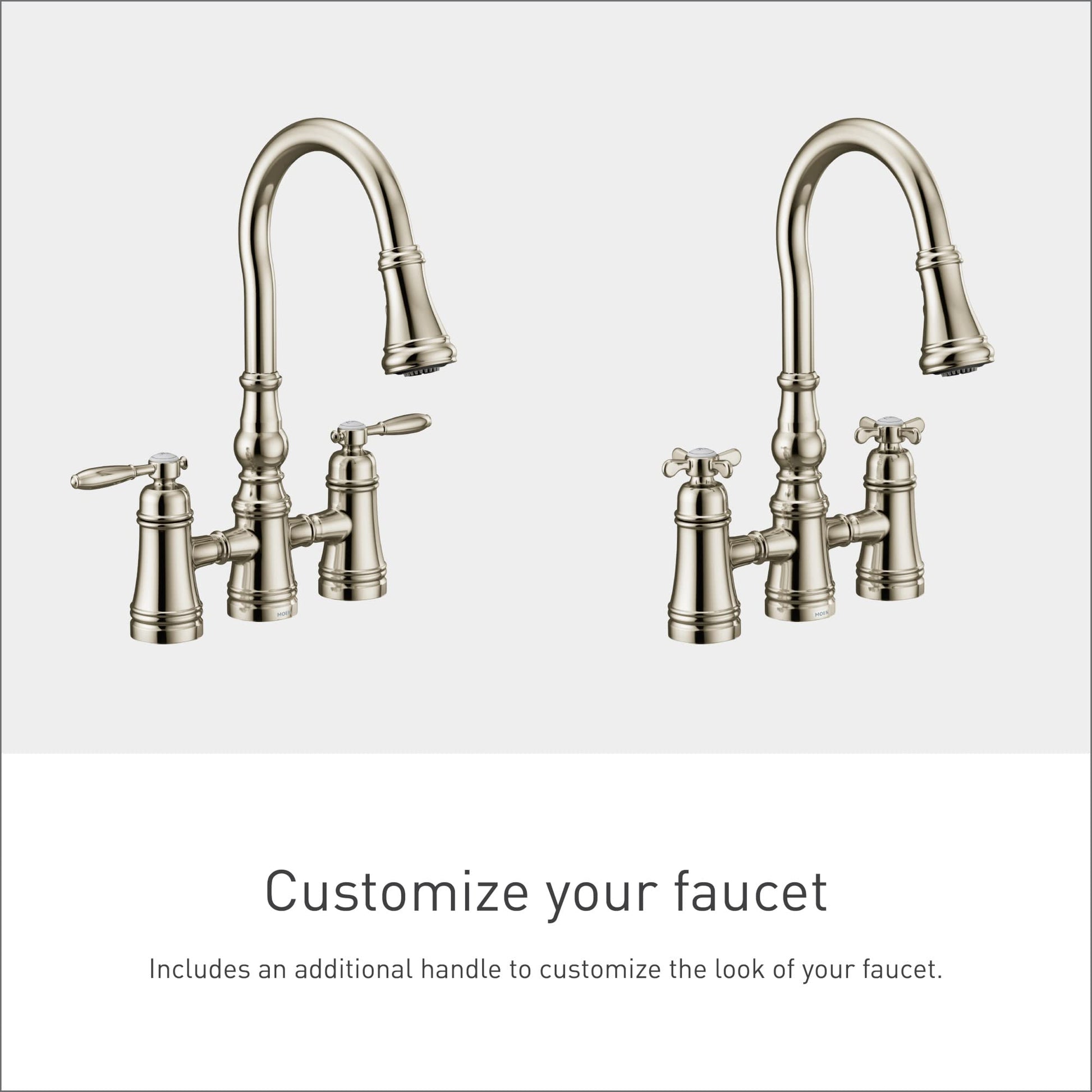 Polished nickel two-handle bridge kitchen faucet with pulldown spout and lever handles.