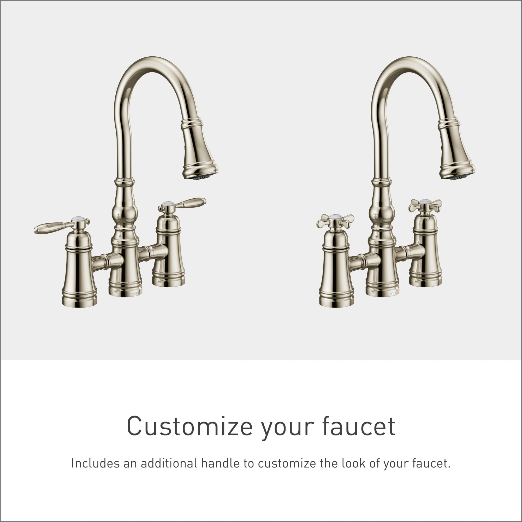 Polished nickel two-handle bridge kitchen faucet with pulldown spout and lever handles.
