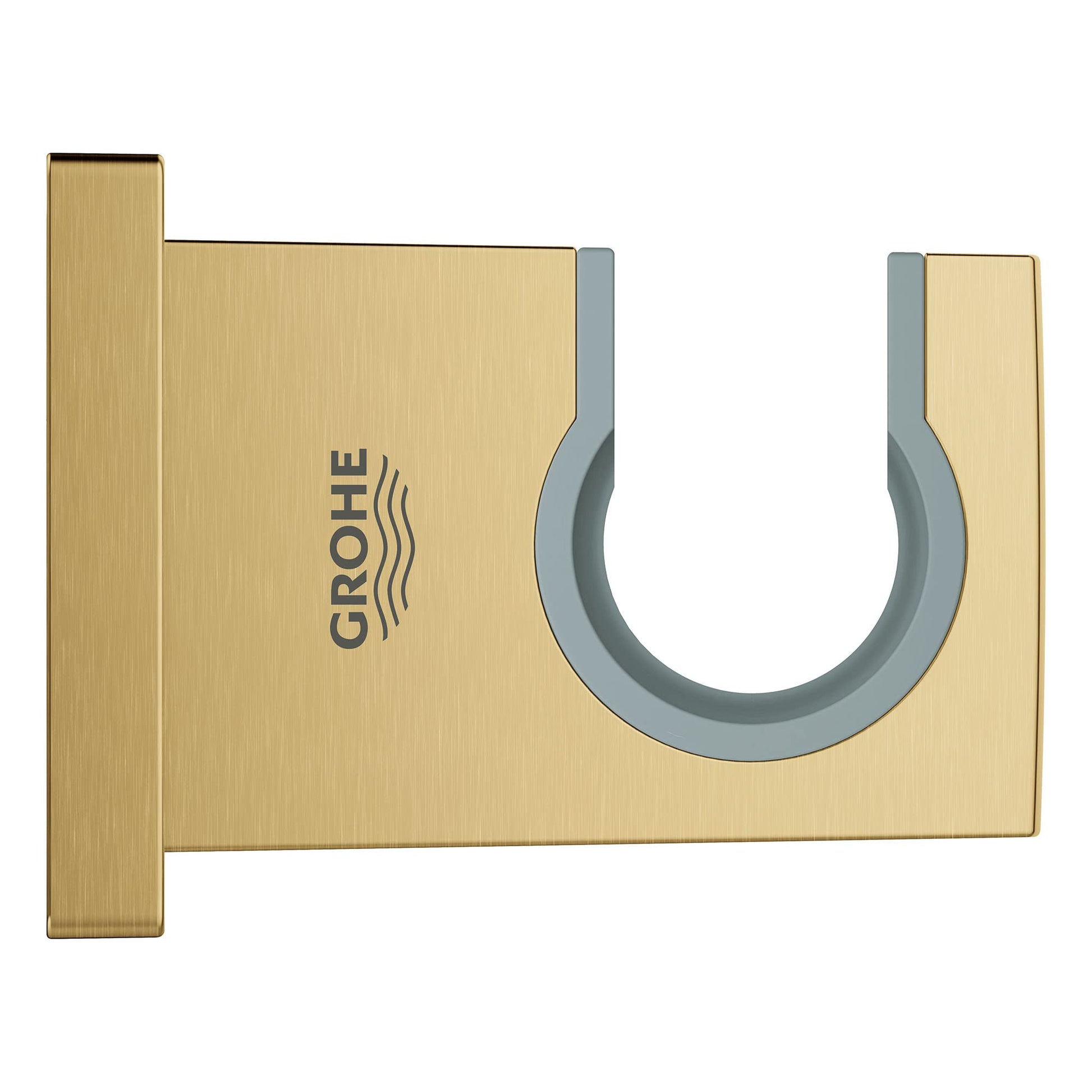 Grohe wall mount hand shower holder in brushed gold finish with gray rubber grip cradle.