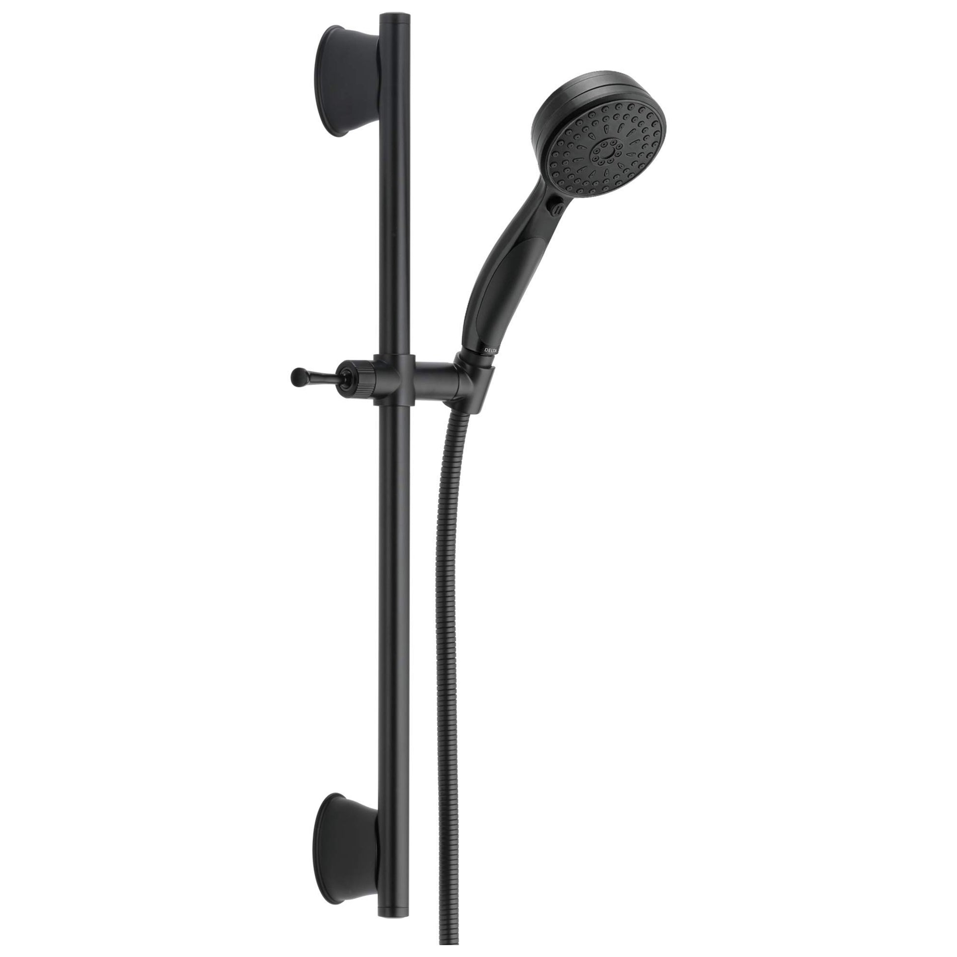 Black hand shower with perforated showerhead attached to vertical slide bar with adjustment lever and mounting brackets.