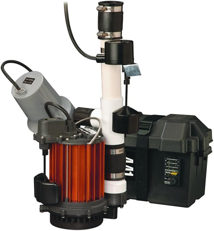 Sump pump combo system with red primary pump, white standpipe, black backup pump, alarm unit, and control box.