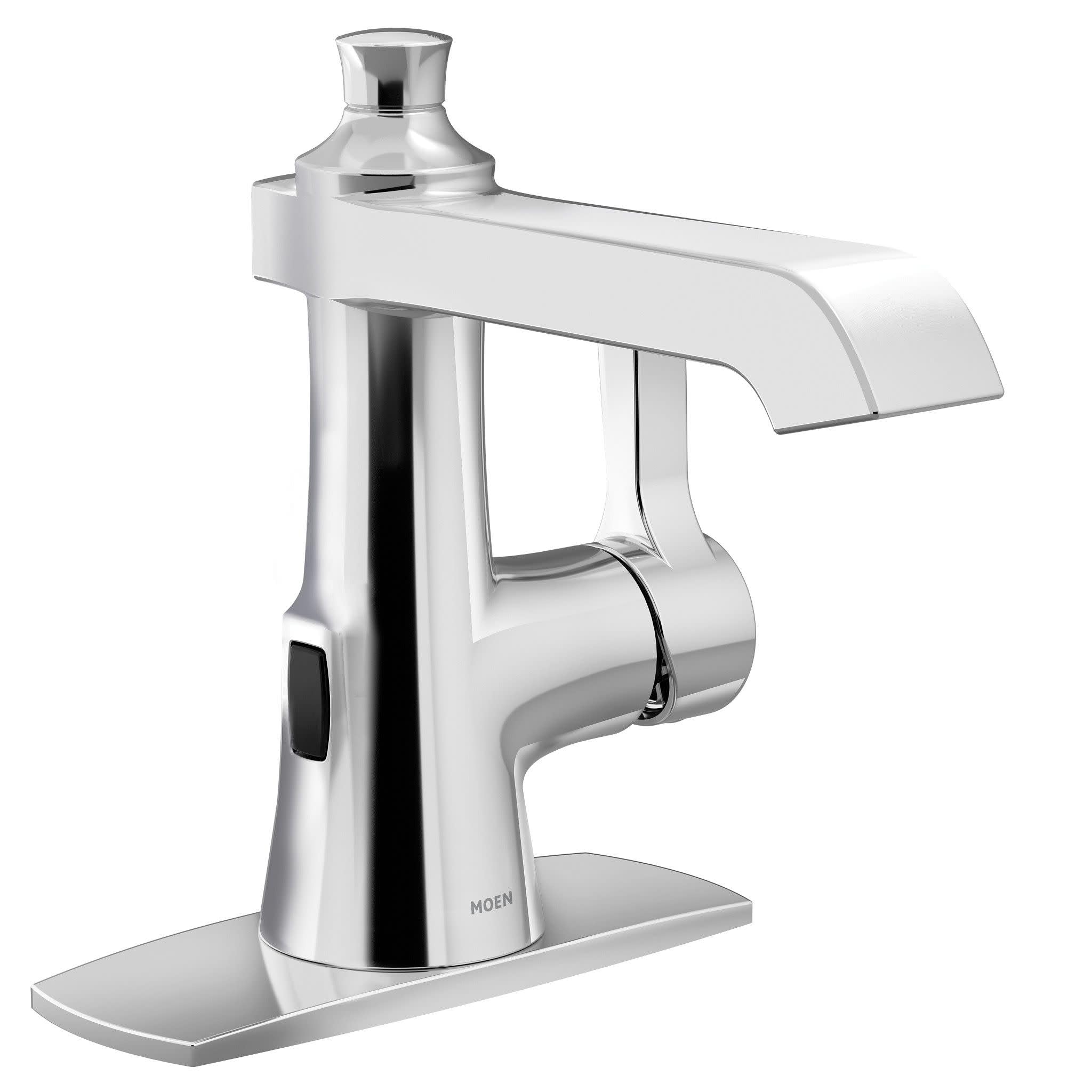 Chrome single-handle bathroom sink faucet with curved spout, sensor activation button on base, and rectangular deck plate.