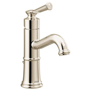 Polished nickel single-handle bathroom sink faucet with curved spout and decorative knob handle.