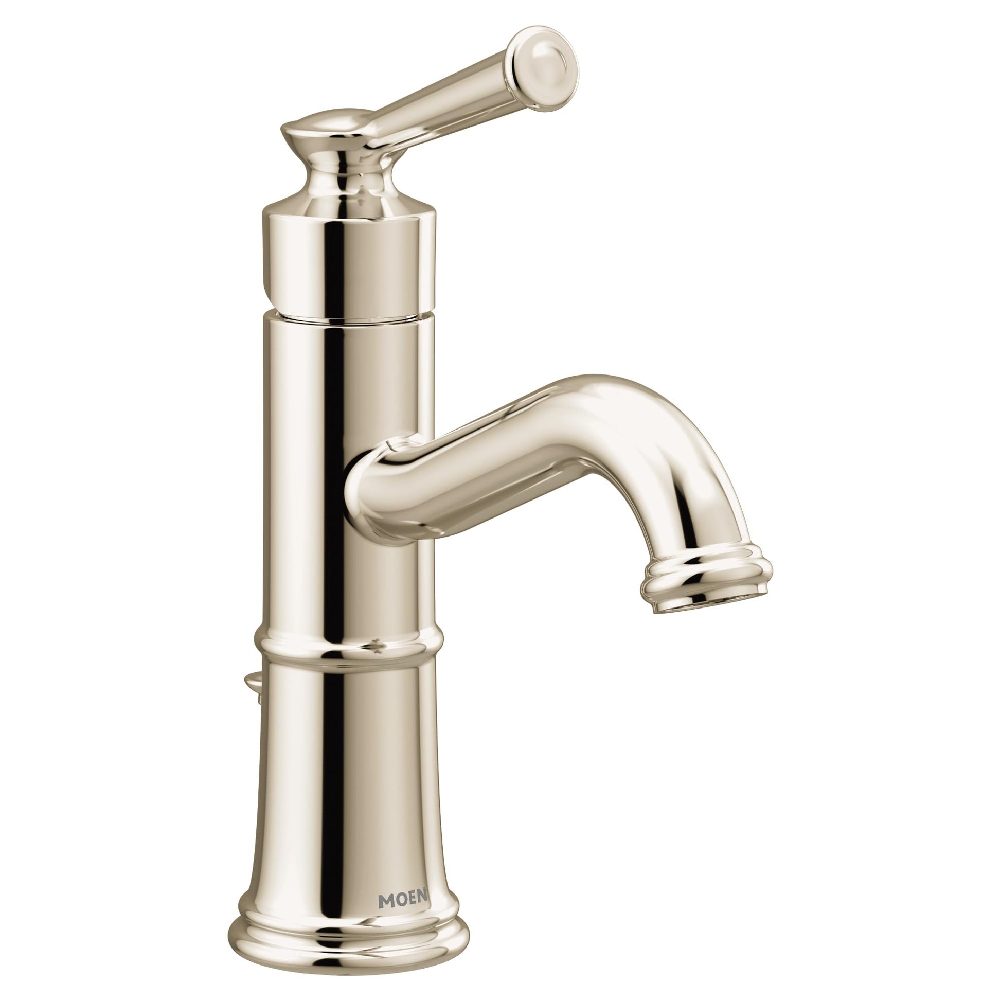 Polished nickel single-handle bathroom sink faucet with curved spout and decorative knob handle.