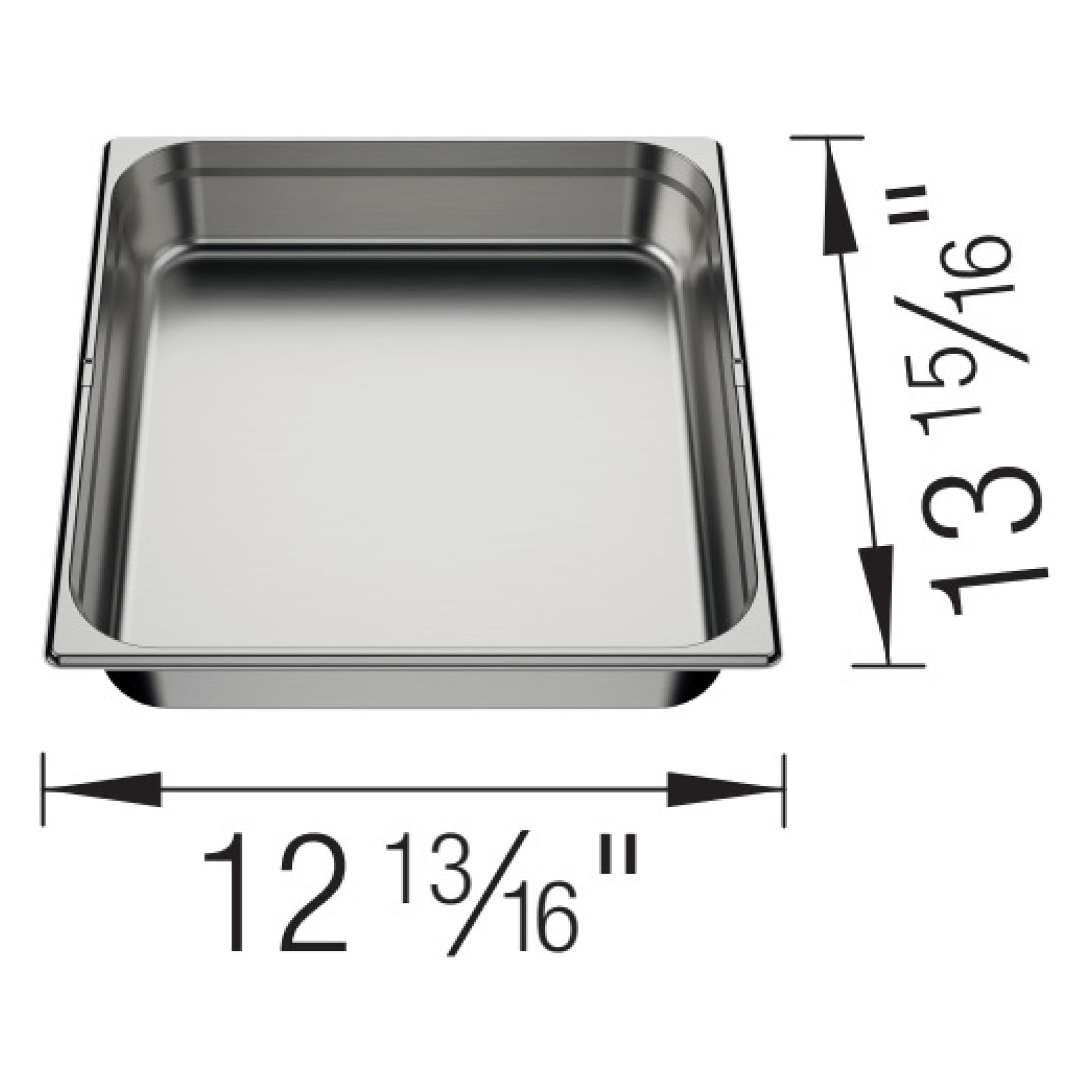 Stainless steel rectangular sink tray with dimensions 12 13/16" wide by 13 15/16" deep.
