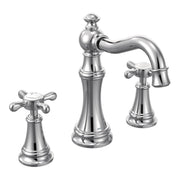 Chrome bathroom faucet set with tall center spout, curved right handle, and two smaller cross handles on either side.