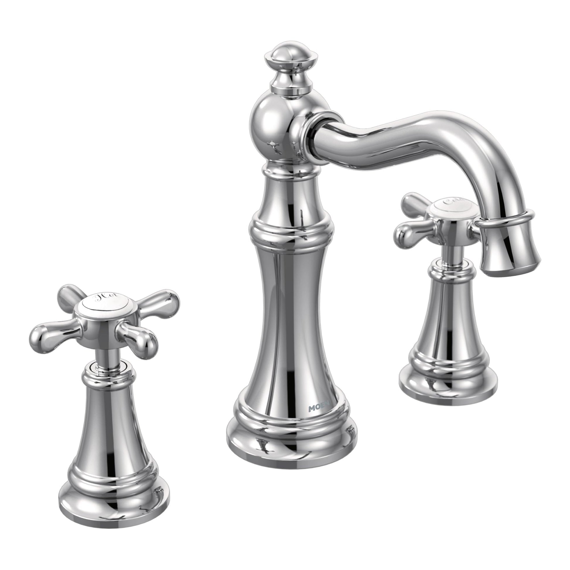 Chrome bathroom faucet set with tall center spout, curved right handle, and two smaller cross handles on either side.