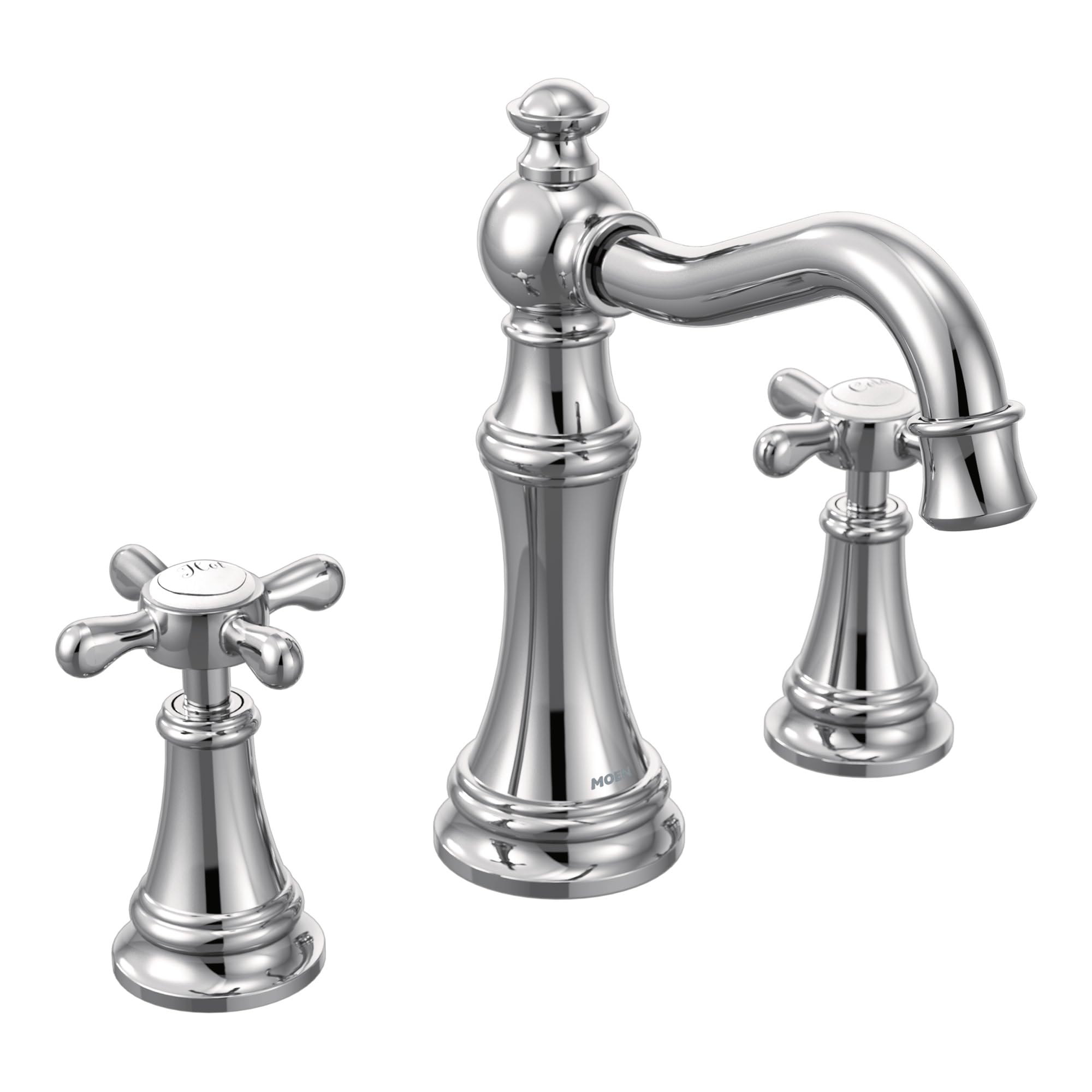 Chrome bathroom faucet set with tall center spout, curved right handle, and two smaller cross handles on either side.