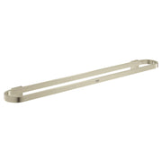 Brushed nickel towel bar with curved mounting brackets and open rectangular design.