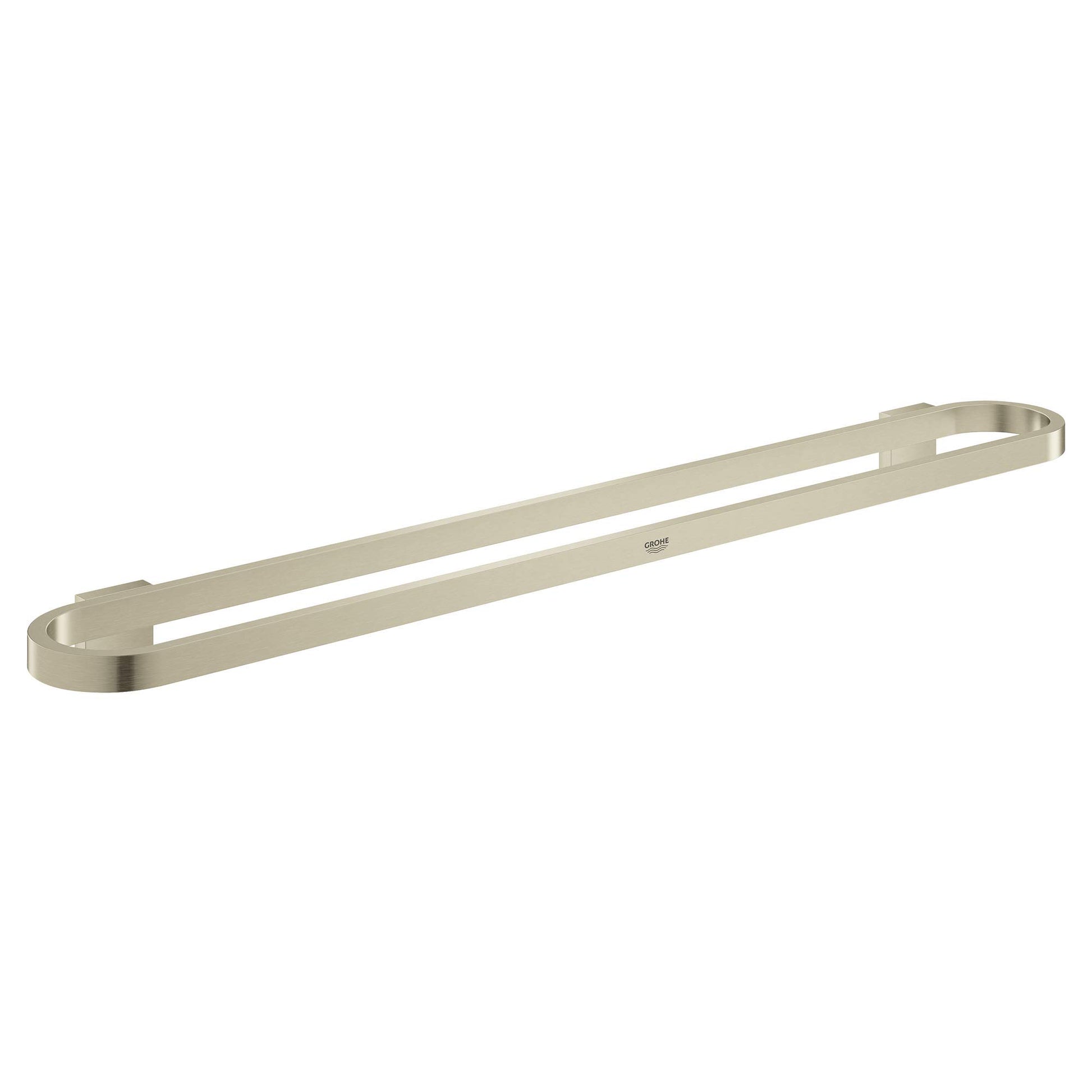 Brushed nickel towel bar with curved mounting brackets and open rectangular design.