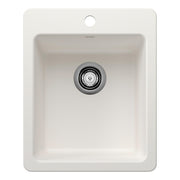 White rectangular bar sink with single basin and chrome drain strainer, dual mount installation.
