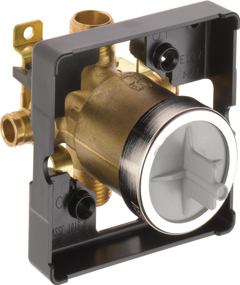 Brass pressure balance valve rough-in body with black mounting frame, PEX connections, and white cartridge visible on front.