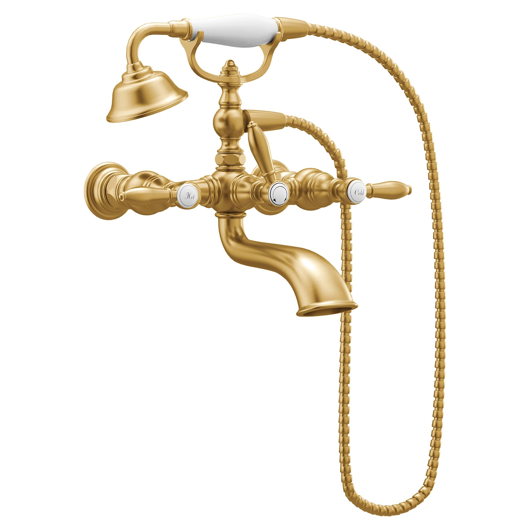 Brushed gold tub filler with two lever handles, curved spout, overhead showerhead, and detachable handshower on hose.