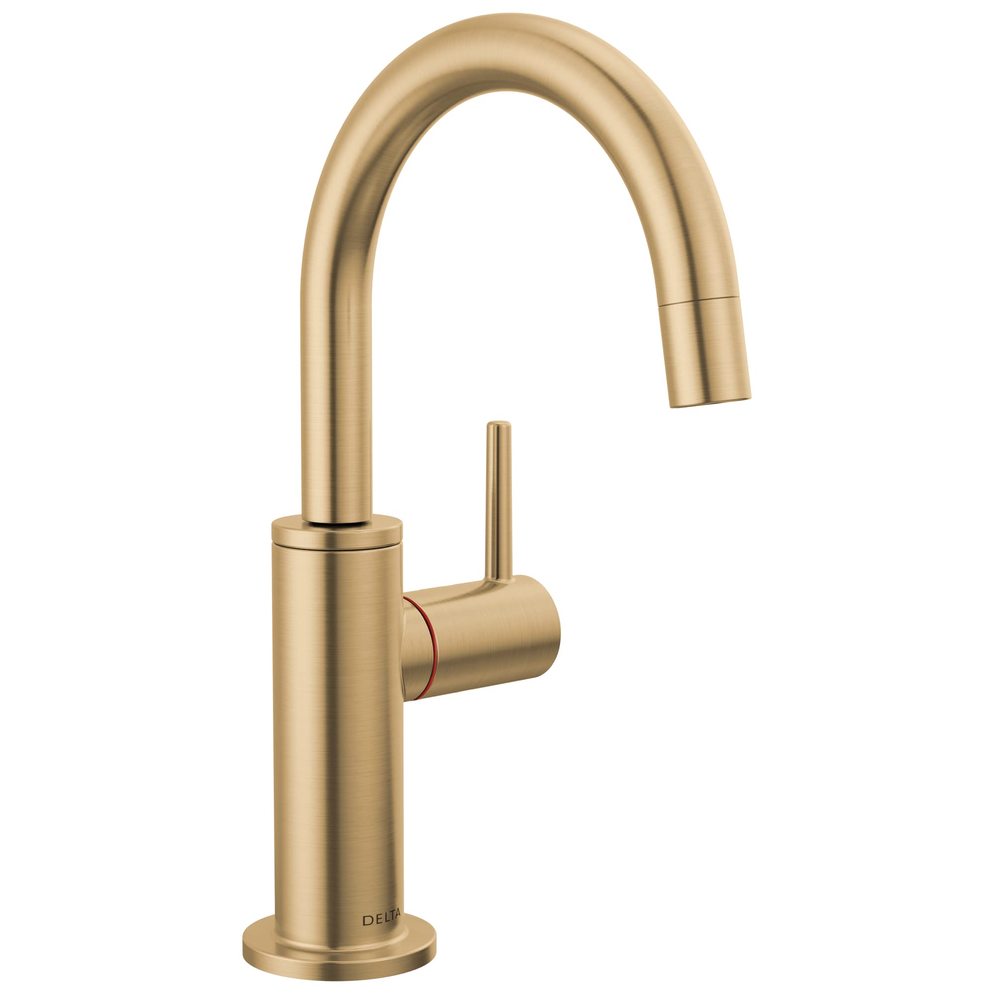 Champagne bronze instant hot water dispenser with curved spout, cylindrical body, and single lever handle.