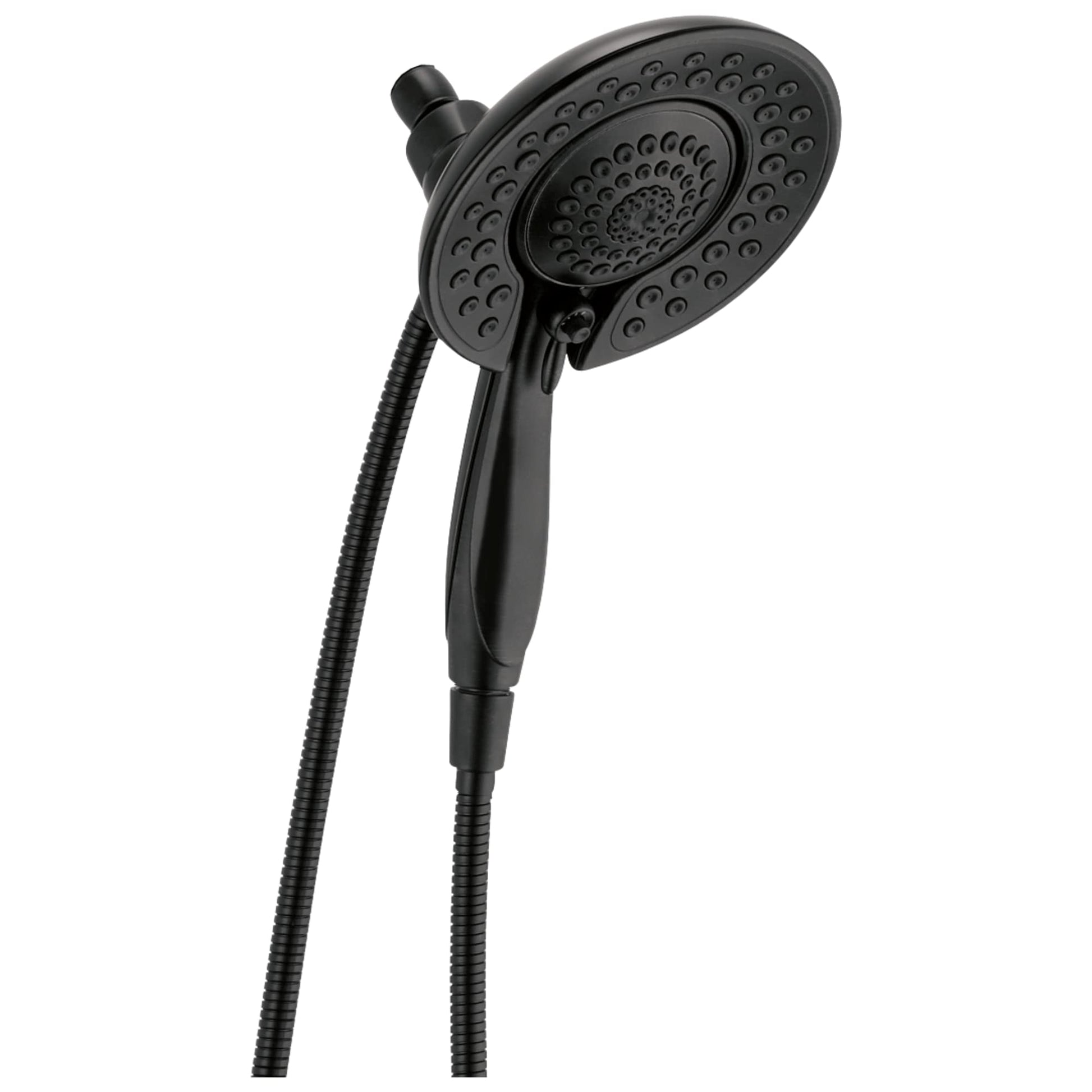 Matte black two-in-one shower head with perforated spray face and handheld wand attached to flexible hose.