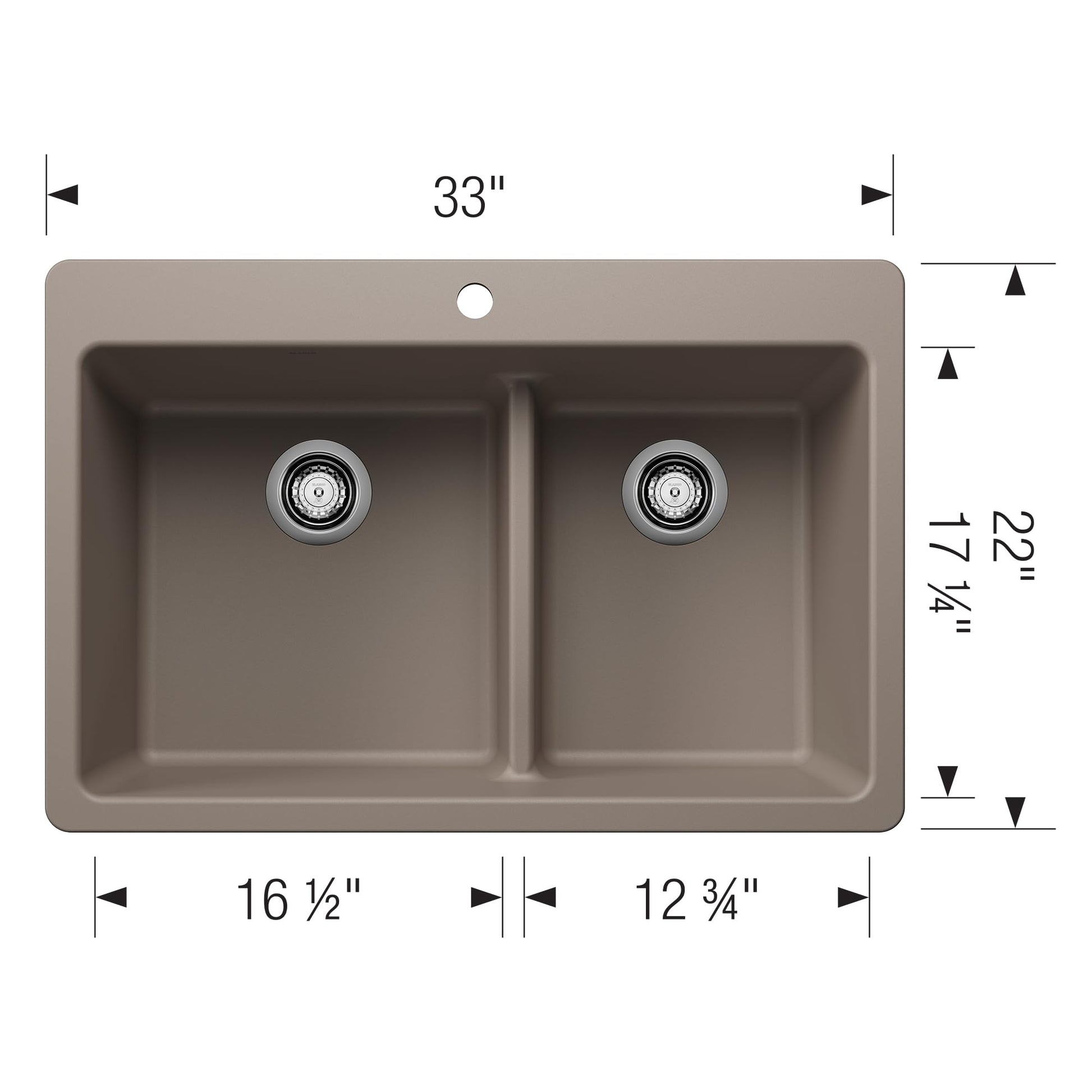Truffle-colored dual mount kitchen sink with two unequal bowls, low divider, and drop-in installation holes, 33" wide.