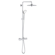 Chrome thermostatic shower system with overhead showerhead, handheld sprayer, and wall-mounted control valve.