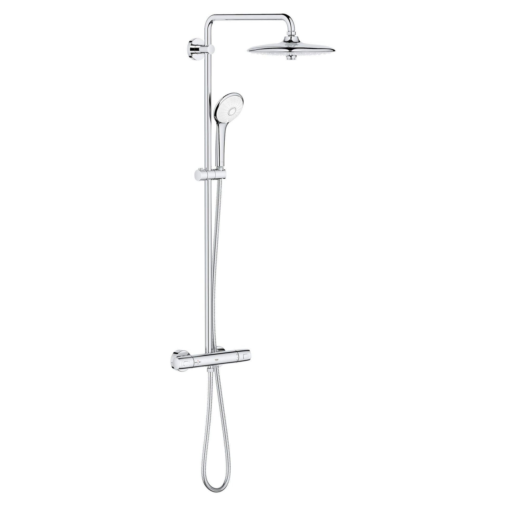 Chrome thermostatic shower system with overhead showerhead, handheld sprayer, and wall-mounted control valve.