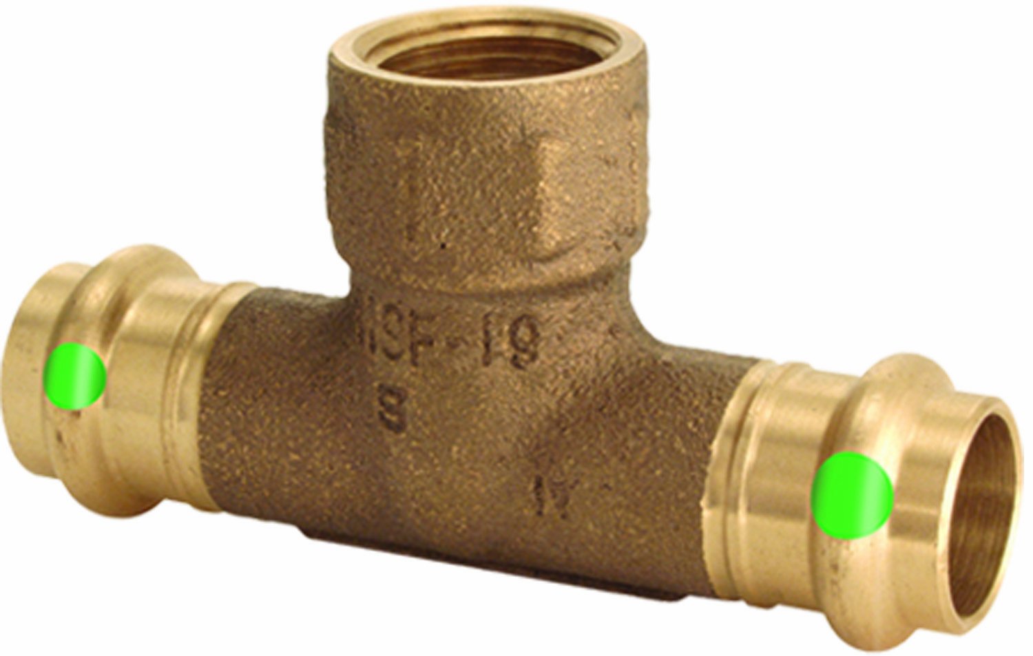 Bronze T-shaped plumbing fitting with two press connections on sides and female threaded connection on top.