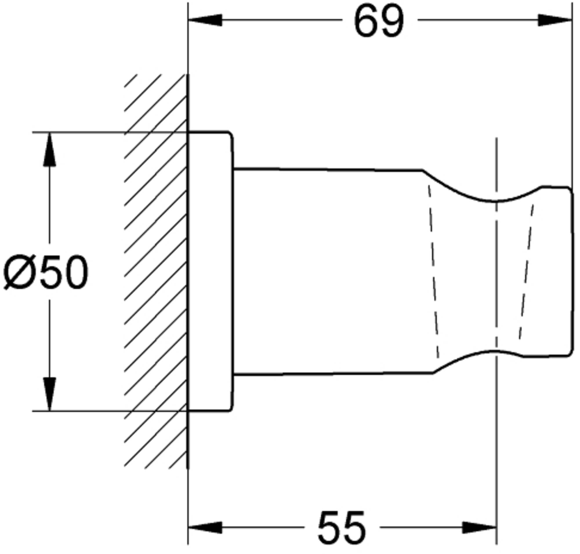 Grohe wall mount hand shower holder with brushed metal finish and angled connector arm, shown in technical schematic view.