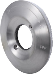 Stainless steel circular escutcheon with central hole, mounting holes, and "H" and "OFF" markings visible.