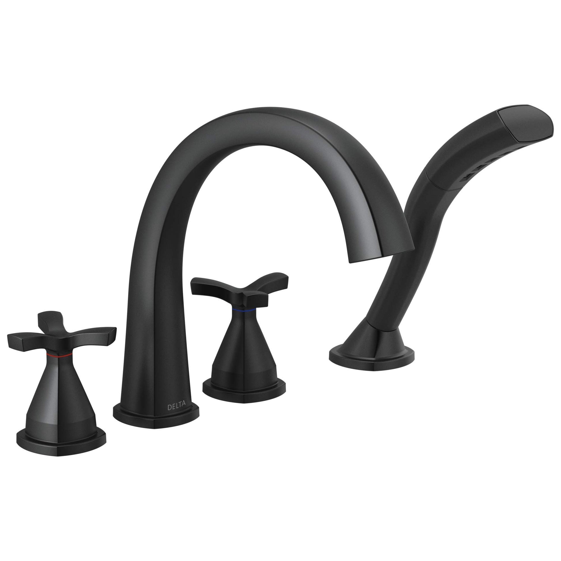 Black four-hole roman tub trim with curved spout and cross handles on circular bases.