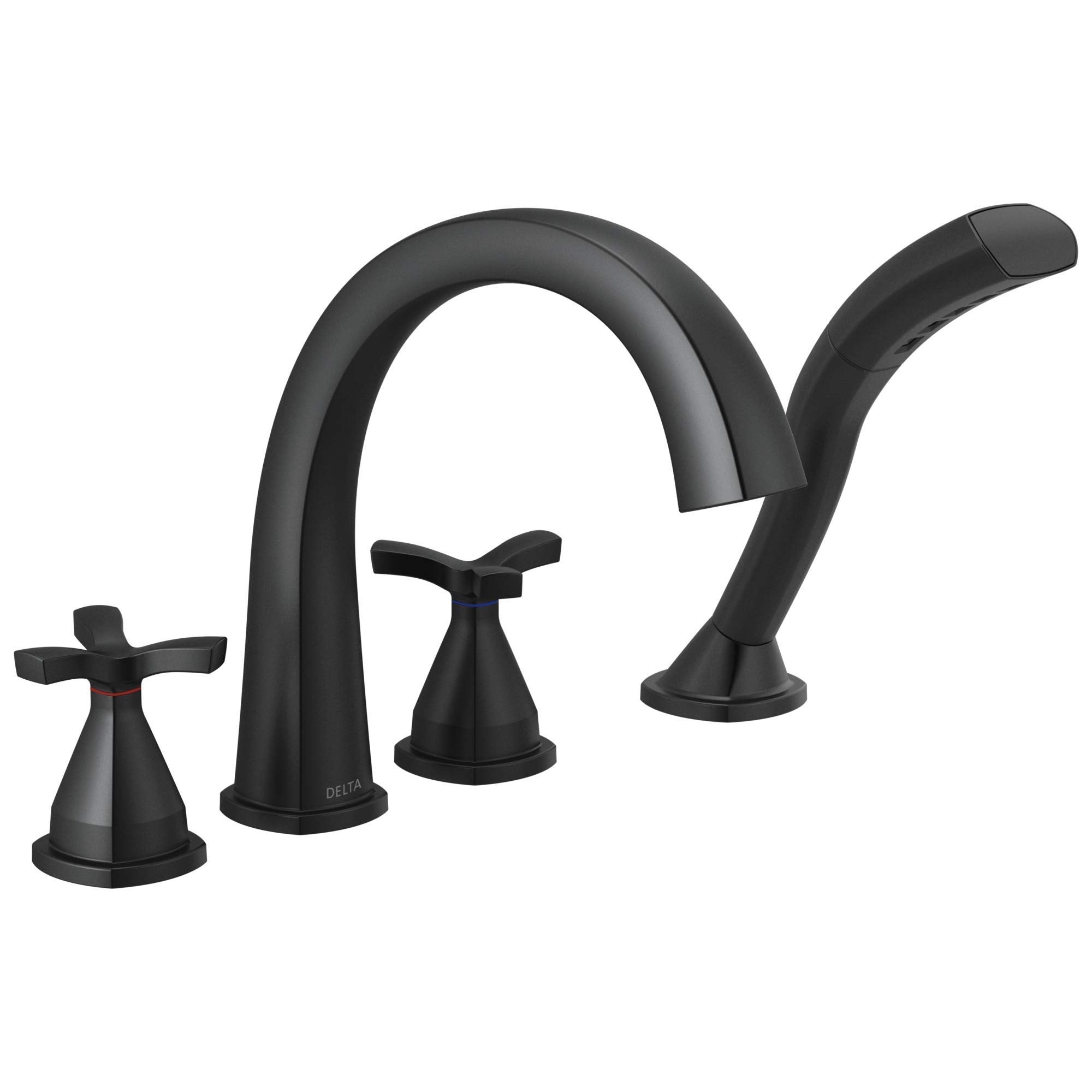 Black four-hole roman tub trim with curved spout and cross handles on circular bases.