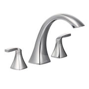 Chrome roman tub faucet trim with curved center spout and two lever handles on tapered bases.