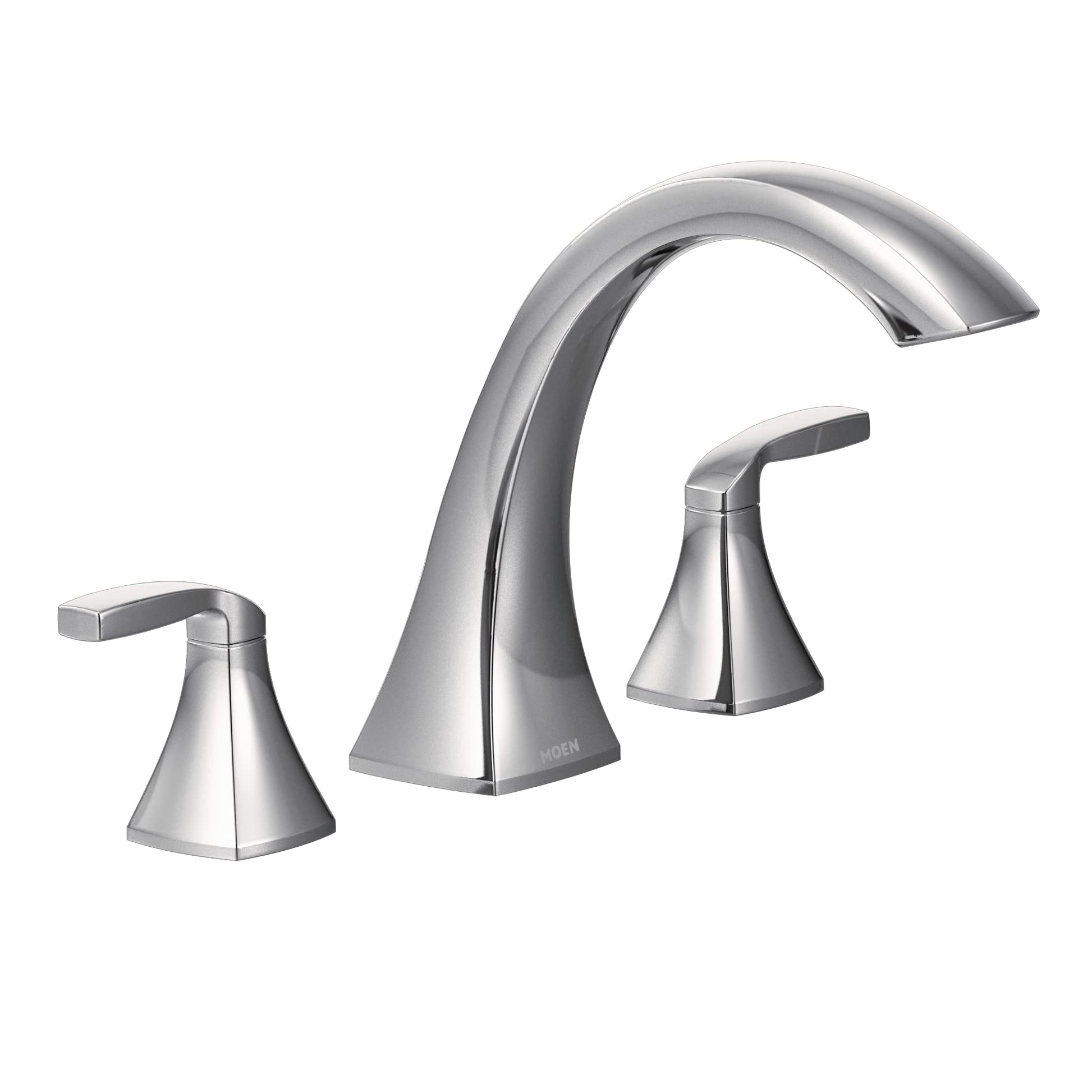 Chrome roman tub faucet trim with curved center spout and two lever handles on tapered bases.
