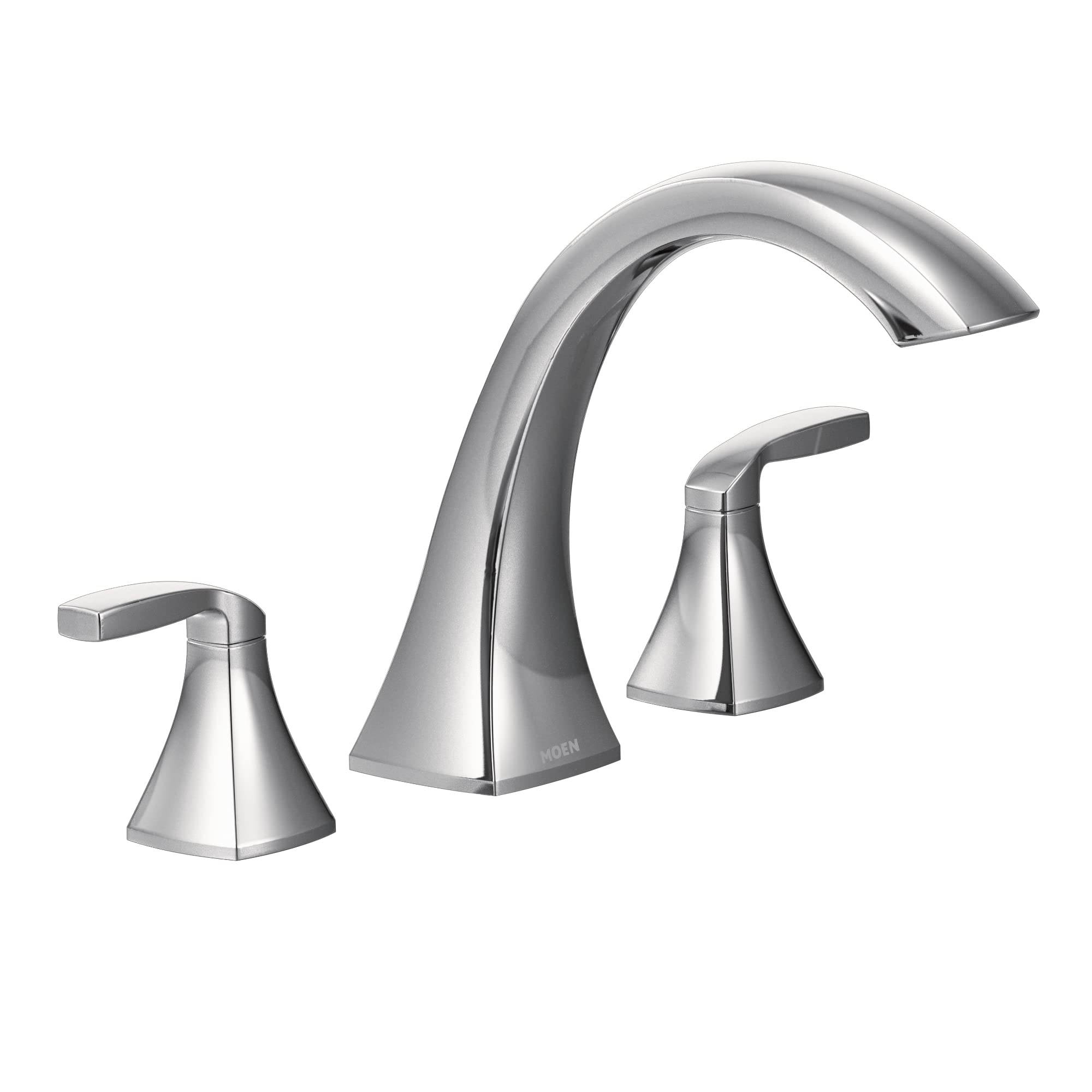 Chrome roman tub faucet trim with curved center spout and two lever handles on tapered bases.