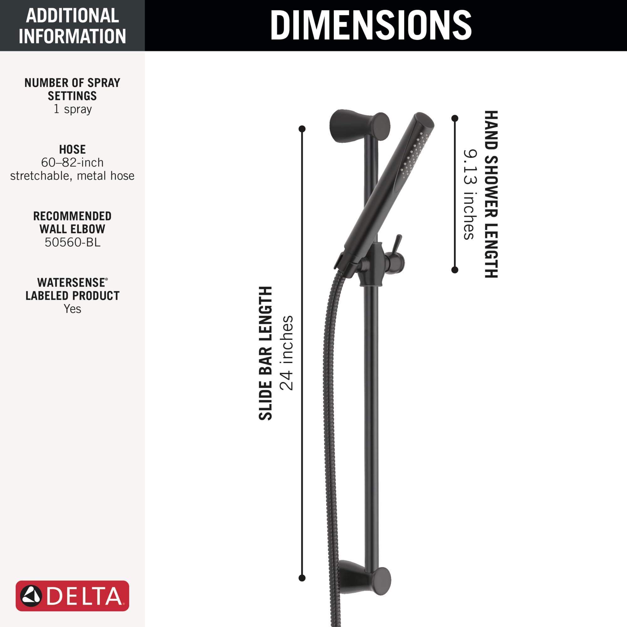 Matte black slide bar hand shower with 9.13-inch shower head, 24-inch slide bar, and 60-82-inch metal hose.