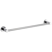 Chrome single towel bar with cylindrical wall mounts on each end.